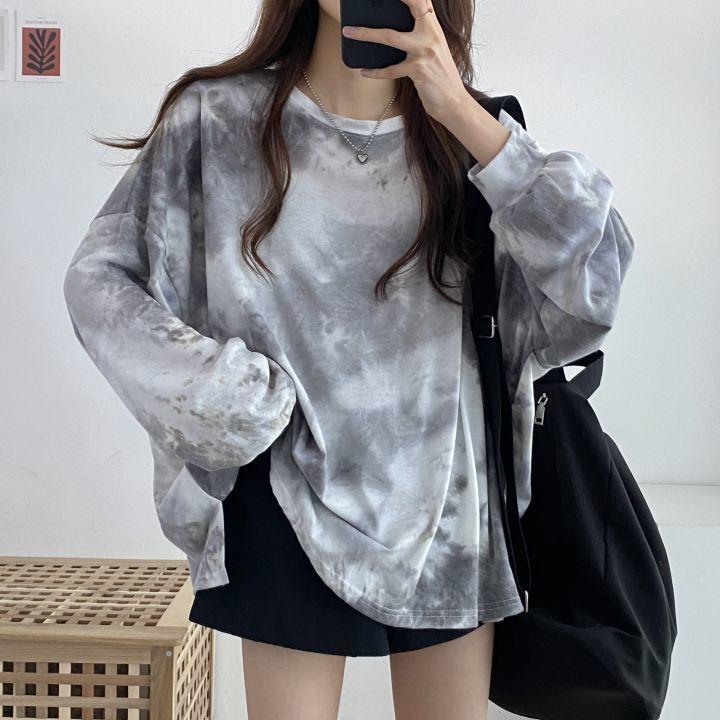 Plus Size Long Sleeve T-shirts Women Harajuku Tie-dye Autumn Loose Tops Teens Streetwear Y2k Sun-proof Clothing