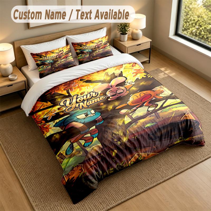 Set Biancheria da Letto 3 Pezzi con Nome Personalizzato, Incredibile Mondo di Gumball 1 Copripiumino 2 Federe Morbide Biancheria da Letto per Regalo