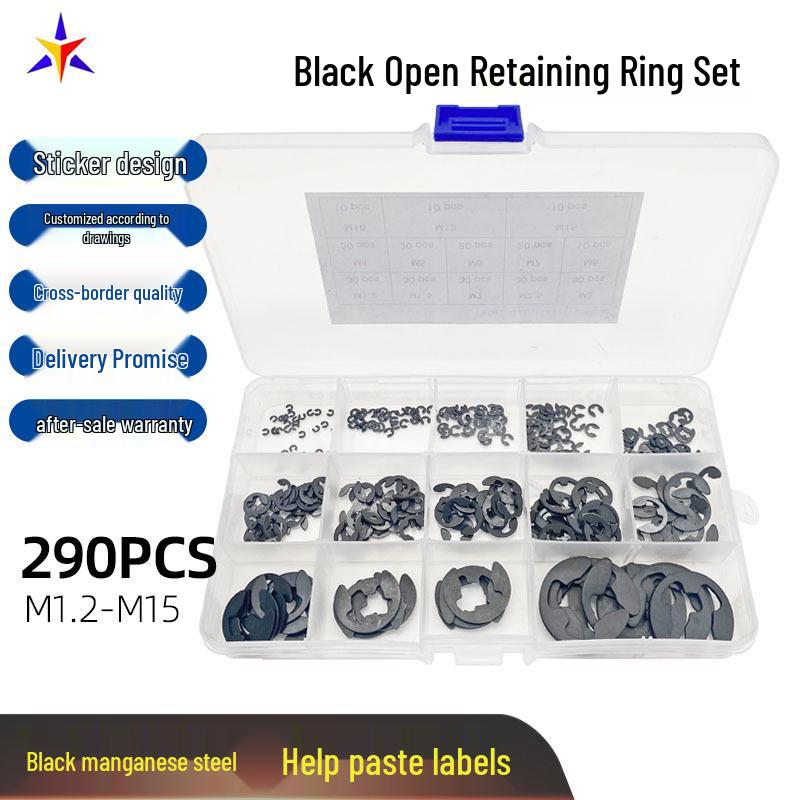 290-Piece Black Manganese Steel C-Type Snap Ring Set, Sizes M1.2-M15