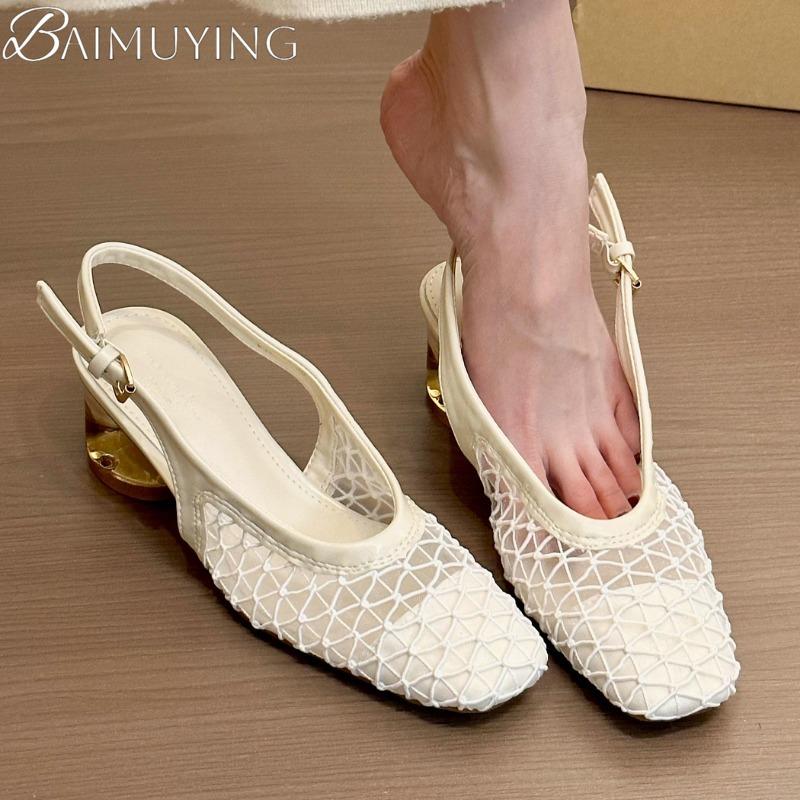 Fashion Mesh High Heels Sandals Women Shoes Hollow Square Toe Slippers 2025 Trend Summer Elegant Dress Pumps Chunky Sandalias De Mujer