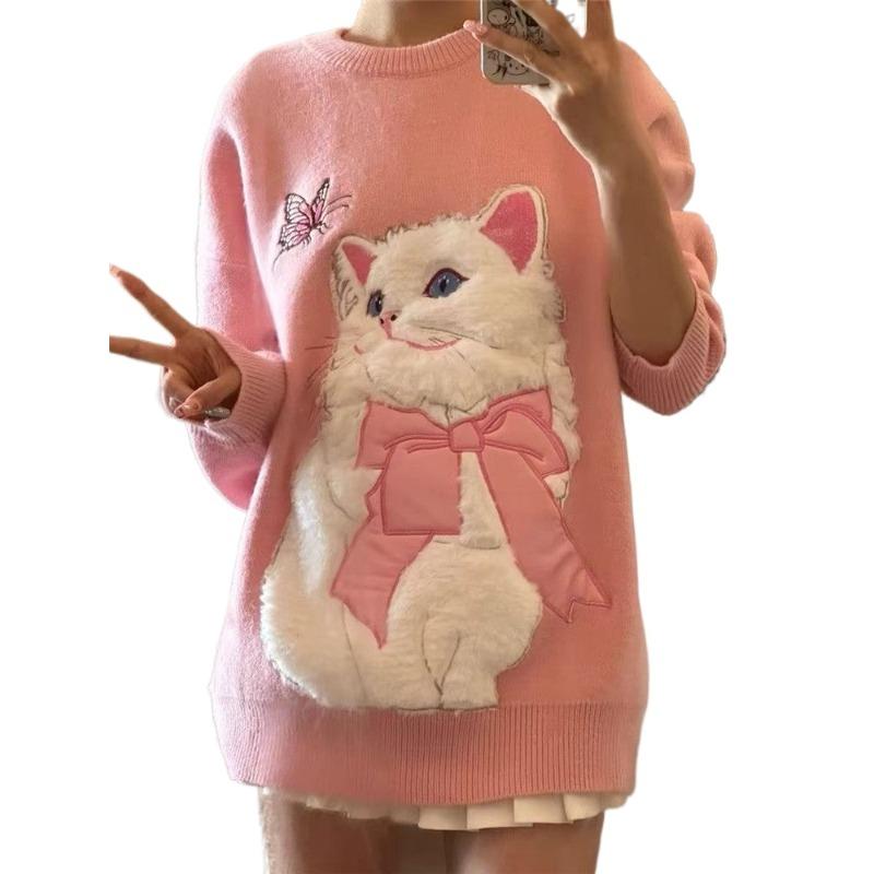 Cat Pattern Women's Sweater Cute Pink Pullover Knitted Sweaters Warm Fashionable Woman Oversized Loose Top