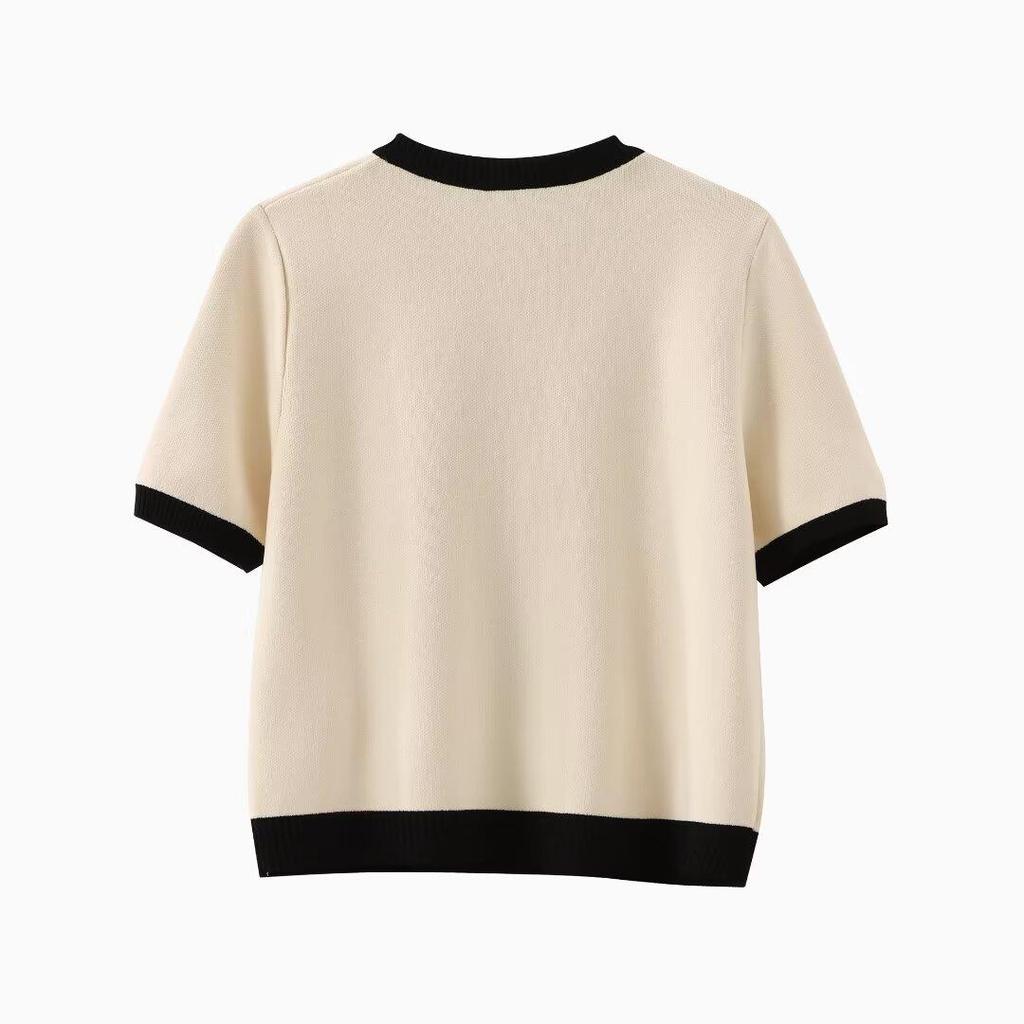 Women's European/American Color Block Knit Top, Round Neck, Short Sleeve, Autumn Collection.