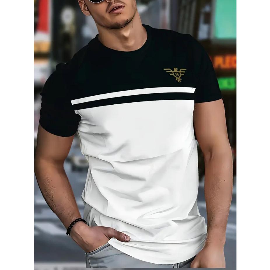 Men's Casual Striped 3D Print T-Shirt - 100% Polyester Short Sleeve Round Neck Tee with Contrast Black & White Stripes