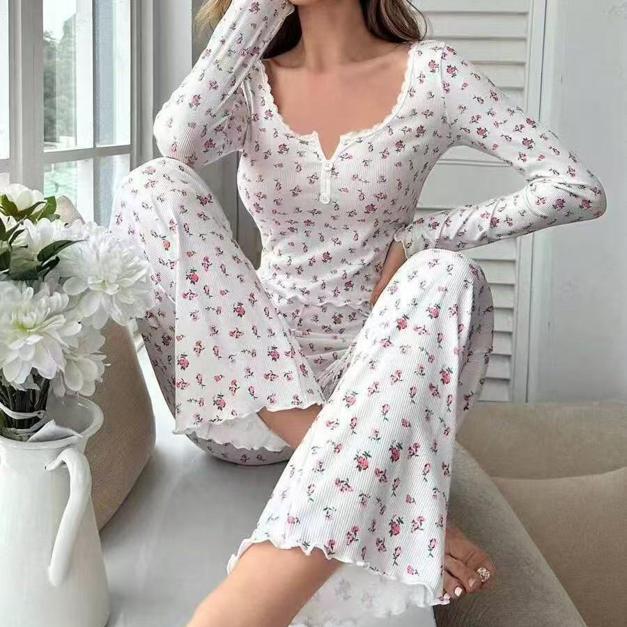 

European & American Style Sexy Casual Two-Piece Pajama Set for Women - Long Sleeve Top & Long Pants, Autumn/Winter XX-Large