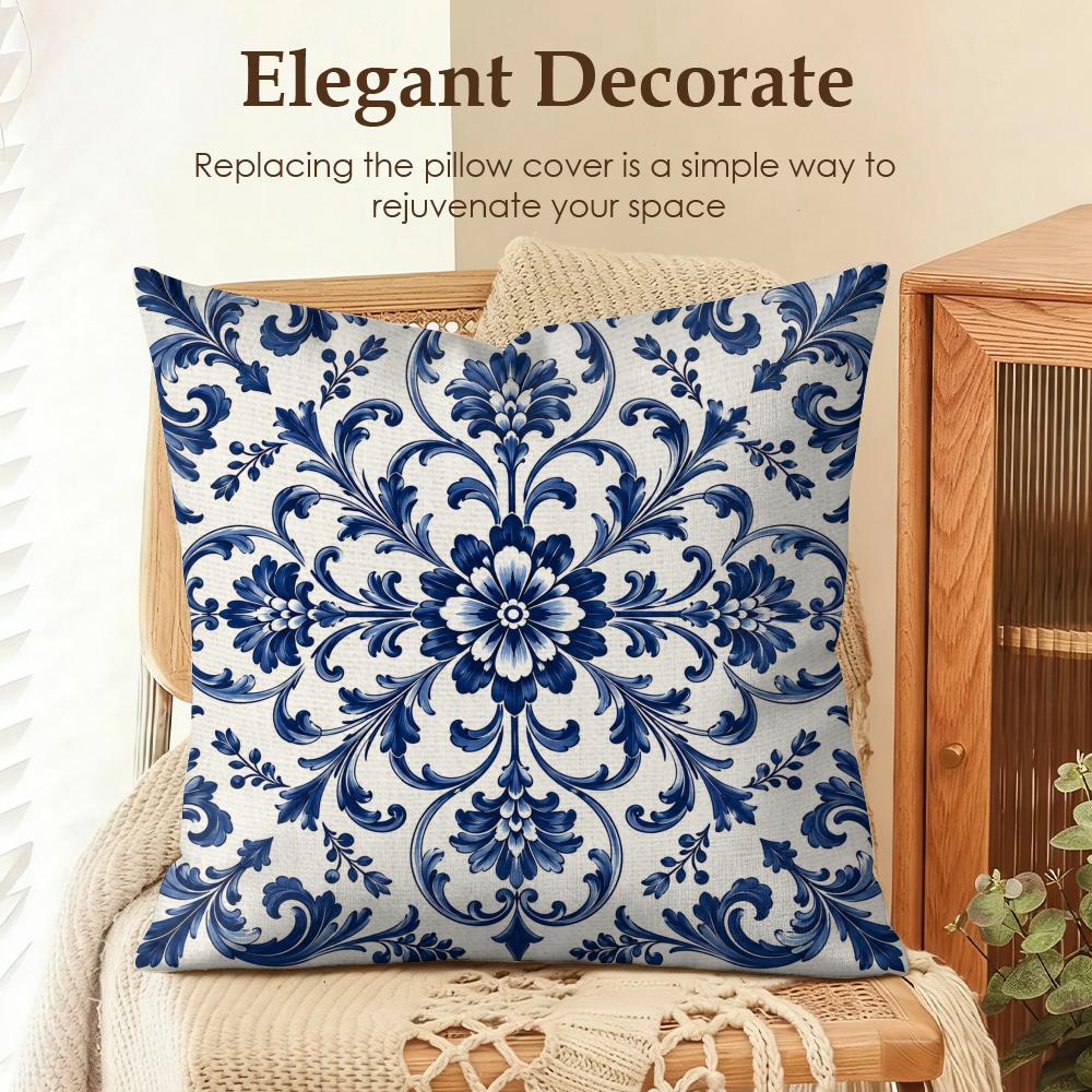 Blue Porcelain Motifs Cushion Cover Natural Linen Organic Fabric DoubleSided Printing Sofa Home Decor Gift Pillow Cover
