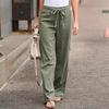Womens Cotton Linen Trousers Casual Elasticated High Waist Trousers Drawstring Wide Leg Beach Pants Bottoms