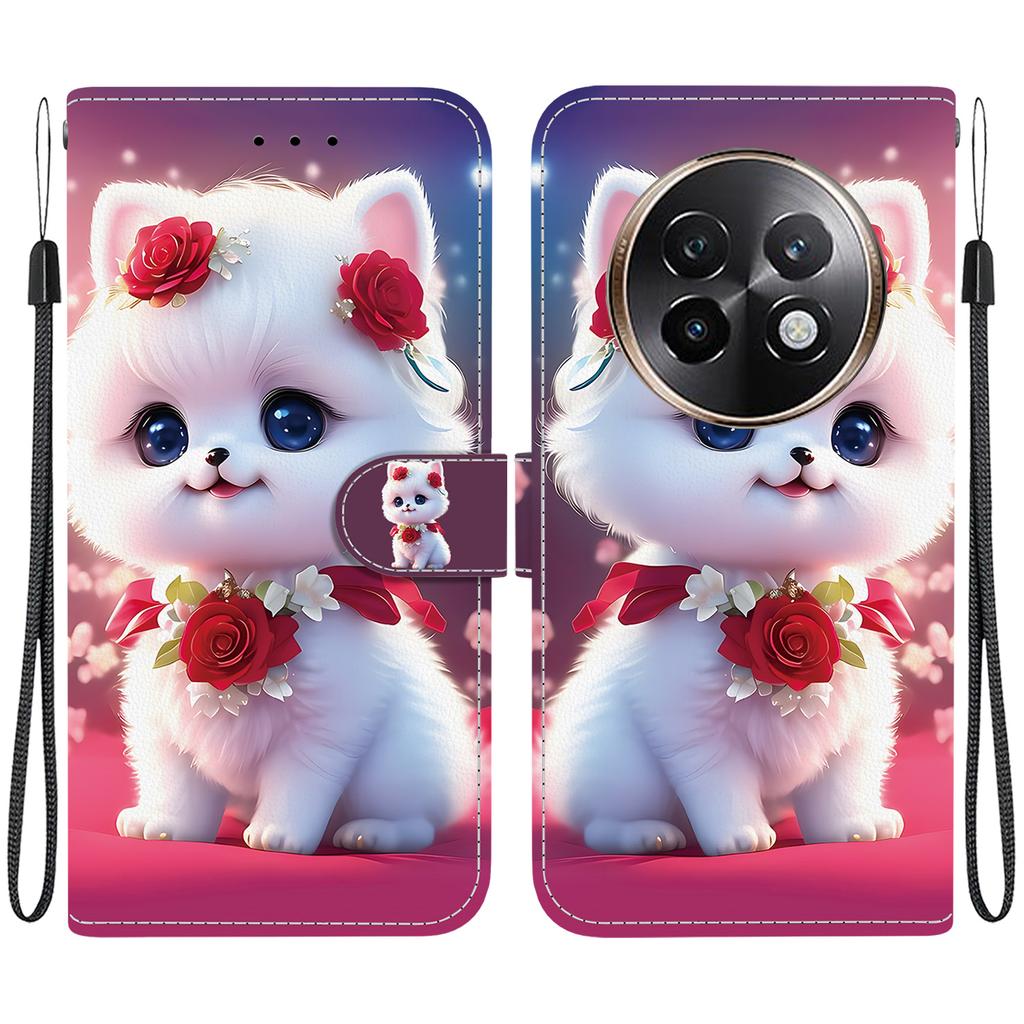 Handmade PU Leather Flip Case for Realme 13+ / Realme 13 Plus Anti-Slip Shockproof Cover with Wrist Strap & Heart/Rose Cat Designs
