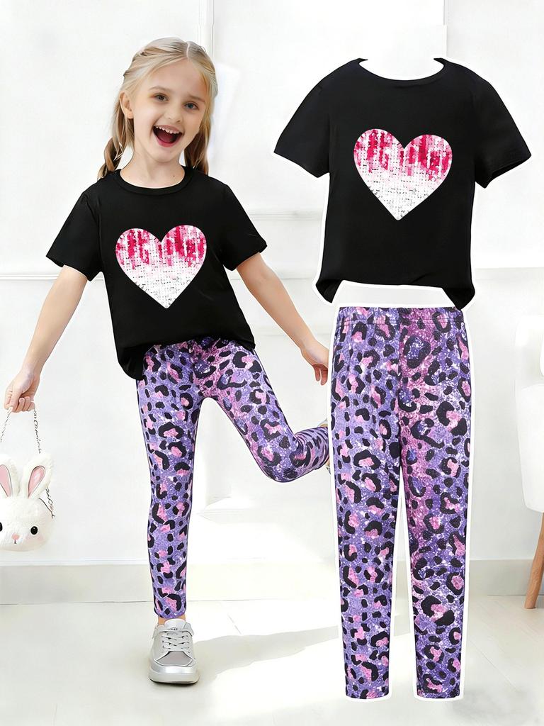 Girls' Summer Casual Short-Sleeve Long Pants Set - European & American Print