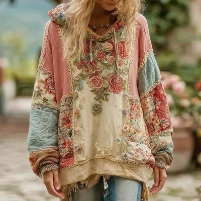 Women's Floral Print Patchwork Hoodie Oversized Vintage Pullover Sweatshirt Fall Casual Long Sleeve Hooded Outfit