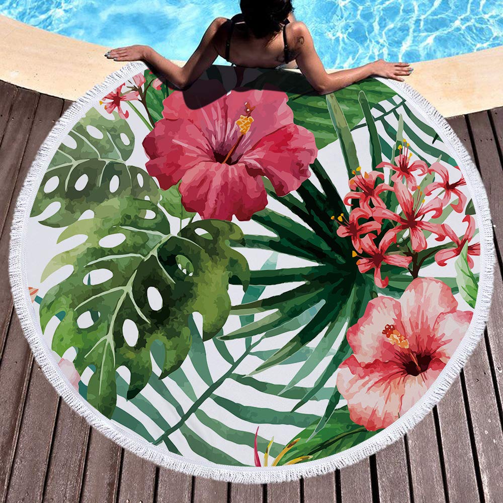 Telo Mare Rotondo Coperta Oversize Foglia di Palma Stile Tropicale Stampa Fenicottero Microfibra Grande Asciugamano Rotondo Picnic Asciugamano Assorbente