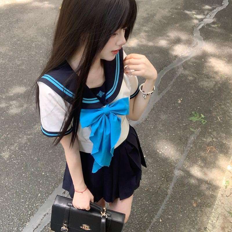 KTNCFD JK Námořnická uniforma Dlouhá světle modrá sada pro střední školu Halloween Top a spodní díl Plisovaná Autentická Třídílná Oblek, Rukávy, Stuha, 3dílný Dívčí,