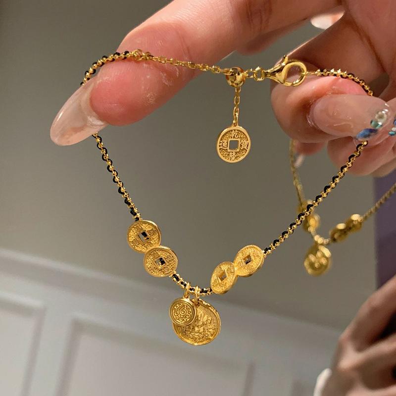 Shining Diamond Black Gold Braided Rope bangles Classic Yellow God of Wealth Five Emperors Coin Bracelet Vintage  Gift