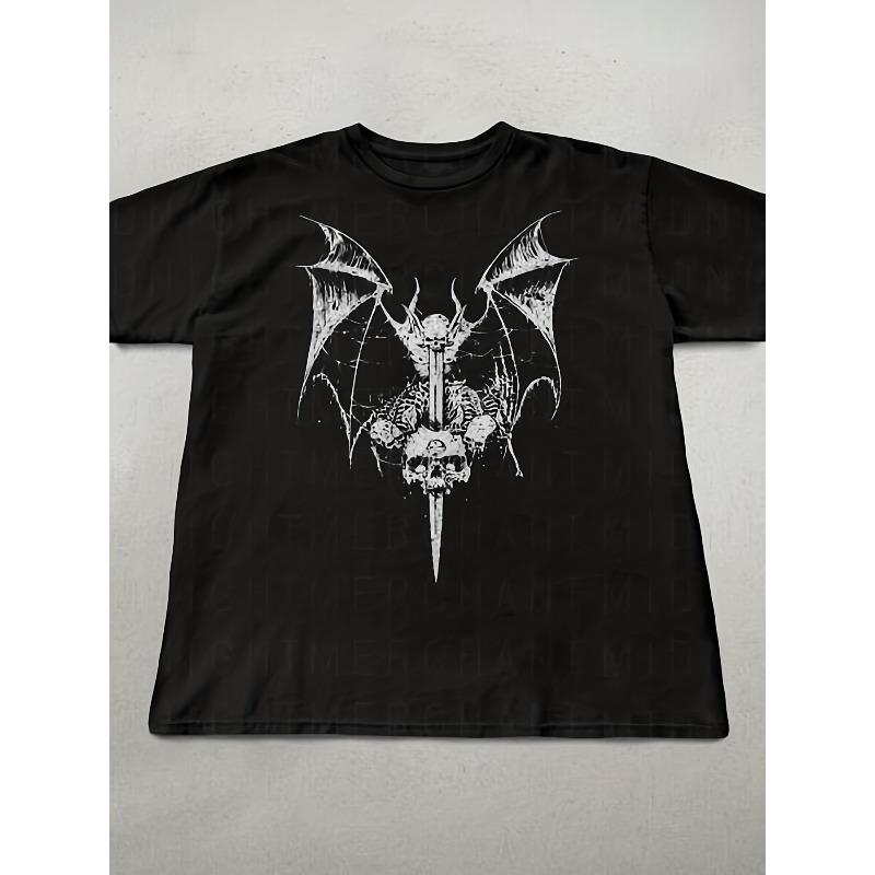 

Retro Gothic Style Bat and Skull T-shirt for Men, Summer New Cotton Casual T-shirt for Men and Women S разноцветный