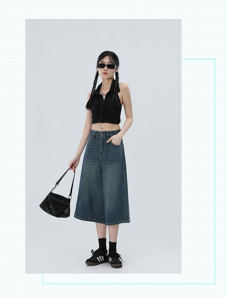 2025 Spring/Summer Women's High-Waisted Wide-Leg 7/8 Jeans - Slimming Straight-Leg, Versatile American Style