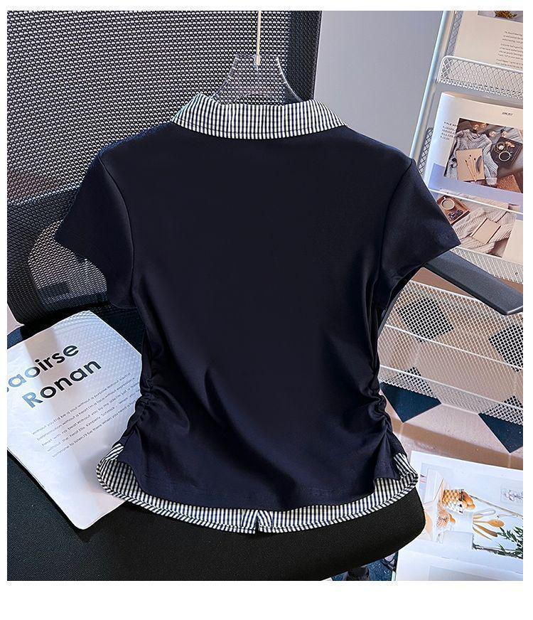 Camiseta de Manga Corta a Cuadros con Solapa para Mujer Talla Grande - Top de Moda Estilo Universitario Adelgazante Verano 2025