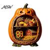 Rustic Halloween Tabletop Decor Centerpiece Pumpkin, Wooden Pumpkin Ornament with Miniature Scenes, Jack-o'-lantern Table Decorations Skeleton