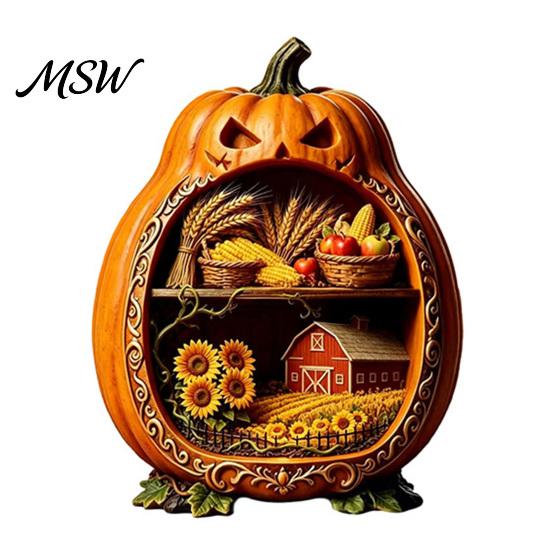 Rustic Halloween Tabletop Decor Centerpiece Pumpkin, Wooden Pumpkin Ornament with Miniature Scenes, Jack-o'-lantern Table Decorations Skeleton