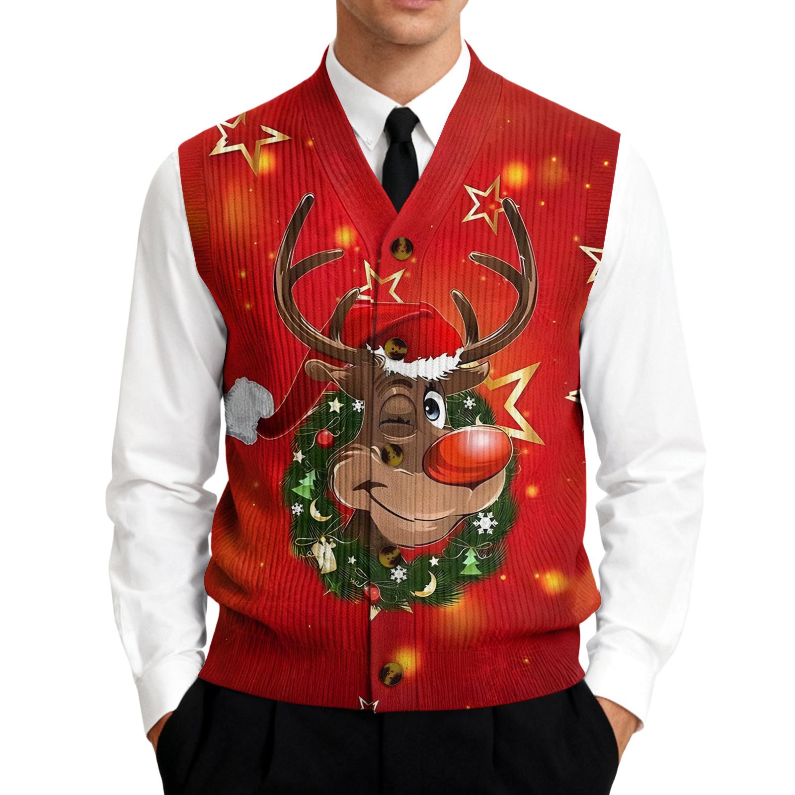 

Men s V-Neck Sleeveless Knit Cardigan Vest with Print Classic Fit Soft Texture Suitable for Daily and Festive Wear S червоний