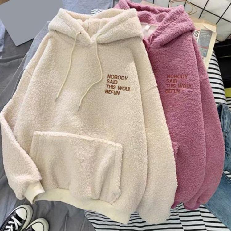 Fleece Pullover Top Warm Loose Women Long Sleeves Thick Drawstring Cuff Elastic Letter Patch Pocket Embroidery Fall
