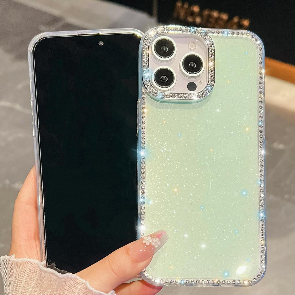 For iPhone 15 Pro Case Rhinestone Edge Glitter Back TPU+PC IMD Phone Cover