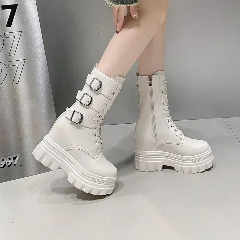 Fashion Womens Mid-calf Boots Fashion Motorcycle Boots High Quality Casual Leather Booties 12cm Height Increase Platform Boots for Women