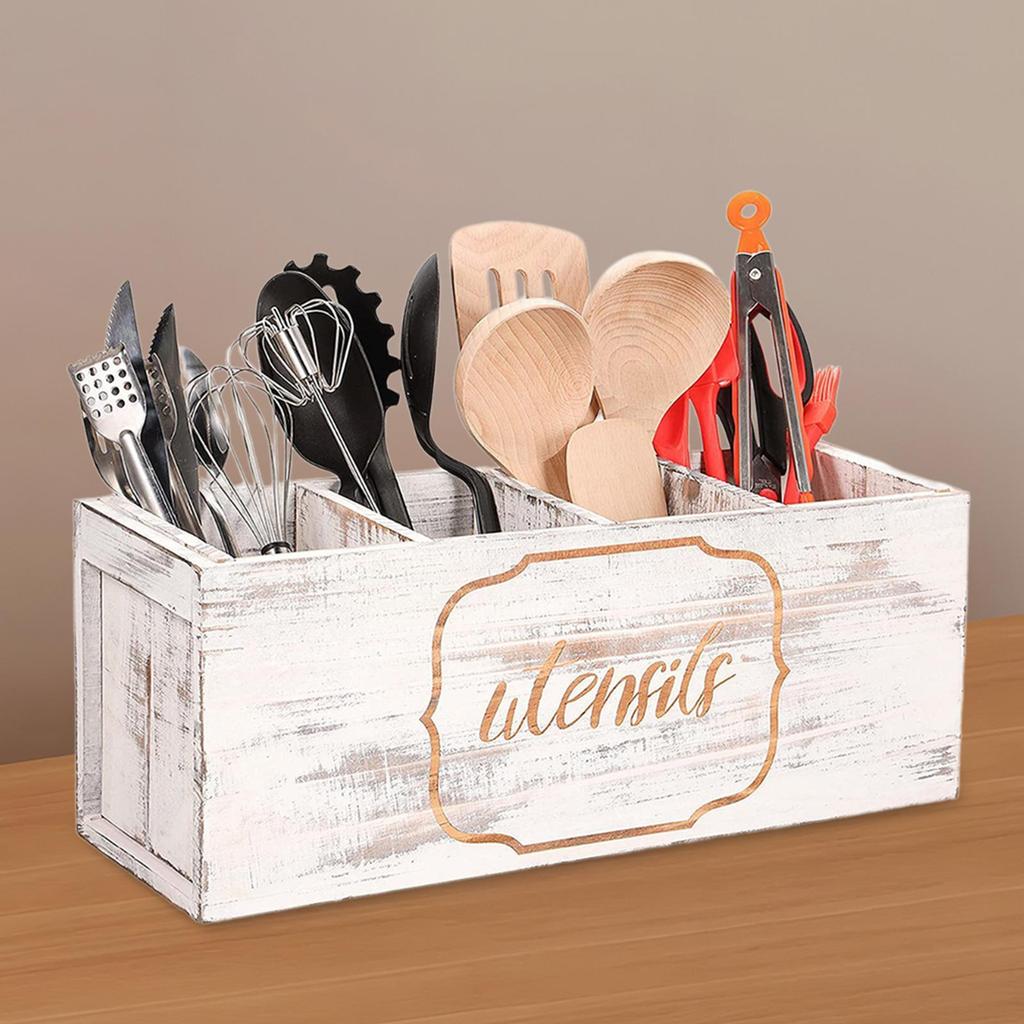 Wooden Cutlery Holder Organizer for Silverware on Countertop Dining Area
