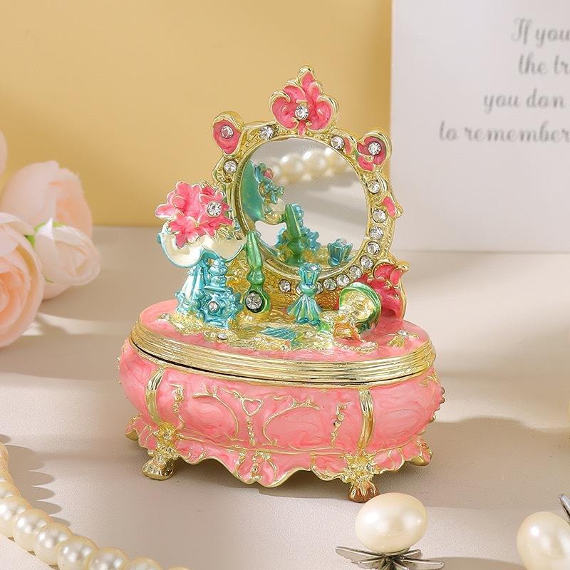 

Vintage Enamel Floral Jewelry Box Dressing Table with Mirror Storage Box Earrings Rings Jewelry Organizer for Home Decor & Gifts