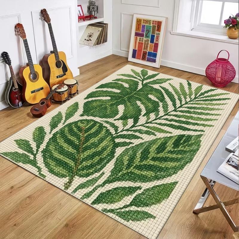 Green Tropical Leaves Area Rug, Non Slip Washable Floor Mat Decorative Plant Themed Carpet for Living Room Bedroom Minimalist