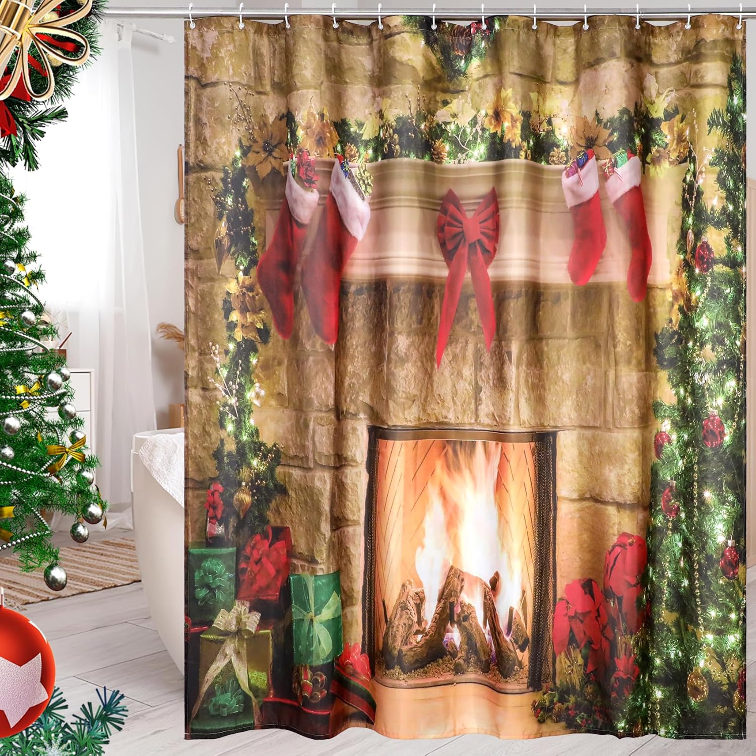 

Christmas Shower Curtain For Bathroom Winter Holiday Vintage Fabric Xmas Red Truck Farmhouse Snowman Shower Curtain Waterproof W60H190(CM)-1 Pcs