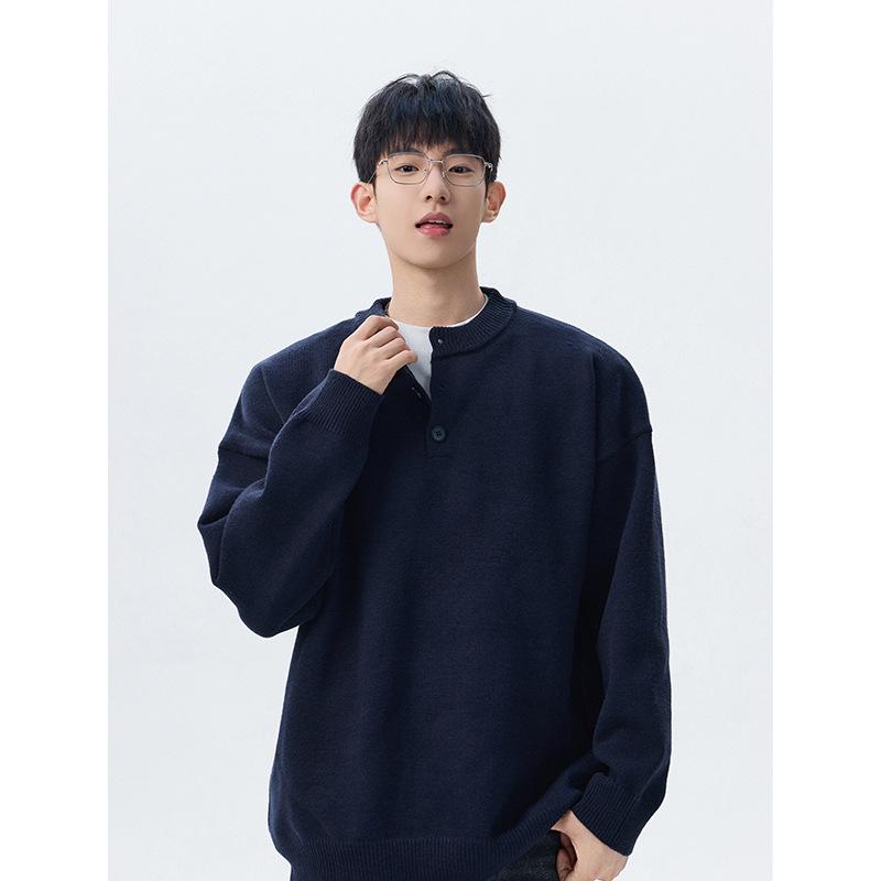 2025 Men s High-End Henley Collar Plus Size Knit Sweater - Casual Winter Fashion 2XL темно-синий