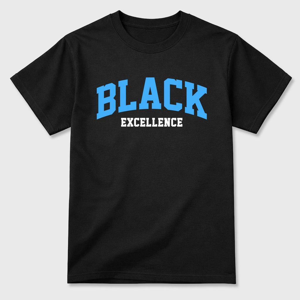 Varsity Black Excellence Graphic Tee. Streetwear Brand Graphic T-Shirt. AJ14 University Blue