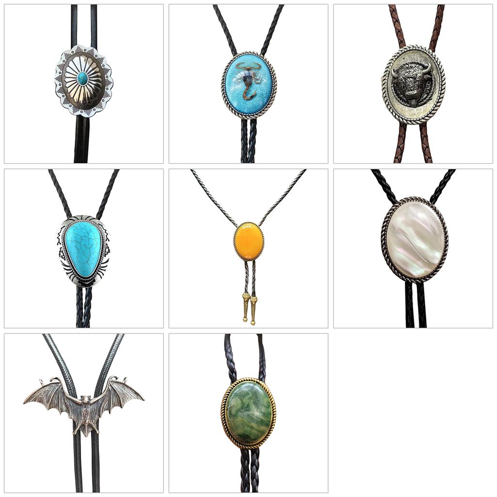 Men's Western Adjustable Bolo Tie with Stone Pendant Braided Leather Rope Necktie Shirt Collar Chain Jewelry Necklace