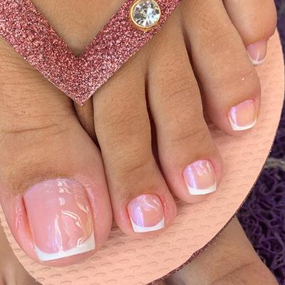 24 Pieces Light Pink Simple White French Wearing Nail Foot Model Fake Nail Gentle Girl Nail Piece Cute Foot Nail