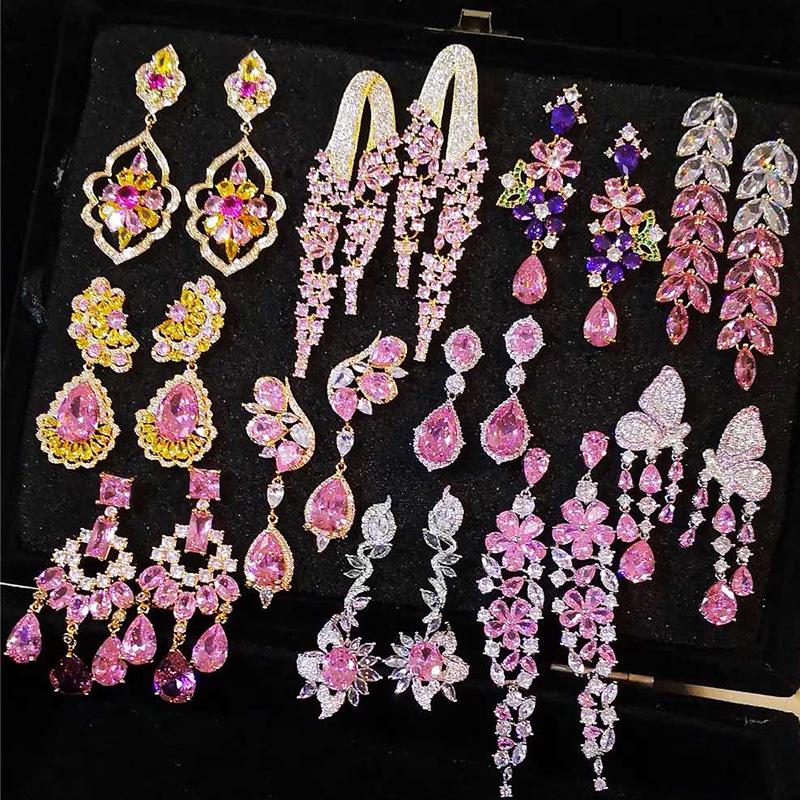 Silver Needle Pink Butterfly Zircon Cutout Stud Earrings - High-End Luxury Fashion Jewelry