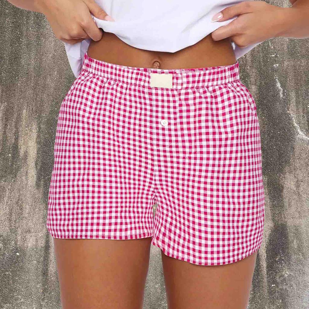 Shorts für Damen Teenager-Mädchen Elastischer Bund zum Überziehen Rot Blau Kariert Shorts Outfit Lässig Lounge Sommer-Shorts