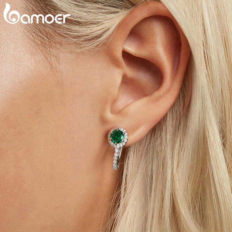 BAMOER Platinum Plated Green Cubic Zirconia 925 Silver Hoop Earrings, Elegant Solitaire Round Huggie Fashion Earrings
