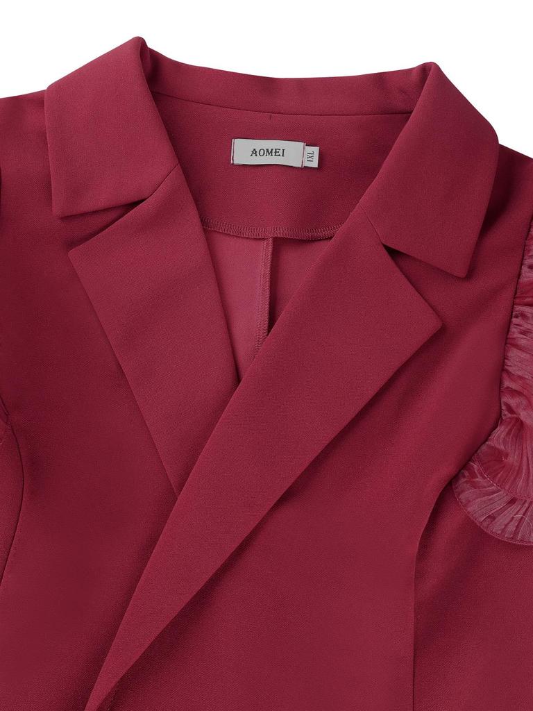 Curvy Women's Wine Red Ruffle Sleeve Suit: Waist-Cinched Slimming Pleated Wide-Leg Pants Set