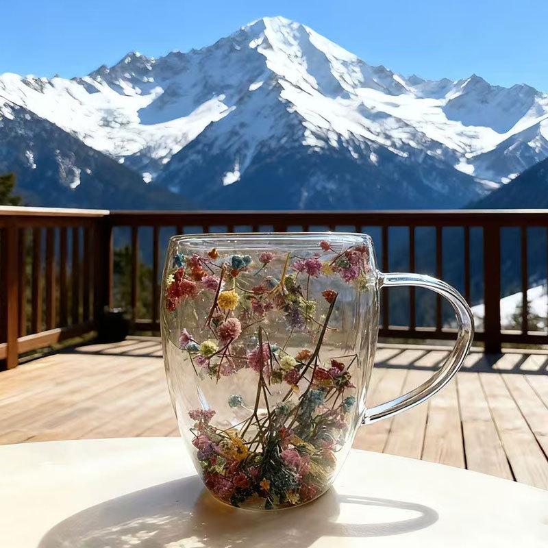 Dried Flower High Borosilicate Double Wall Glass Mug Heat Resistant Coffee Cup