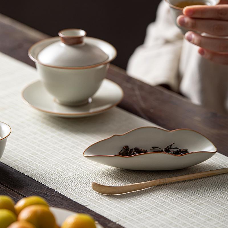 Retro Cream Ru Kiln Ceramic Tea Scoops Tea Leaf Container Tea Shovel Tea Presentation Vessel Saucer Tea Ceremony Accessories