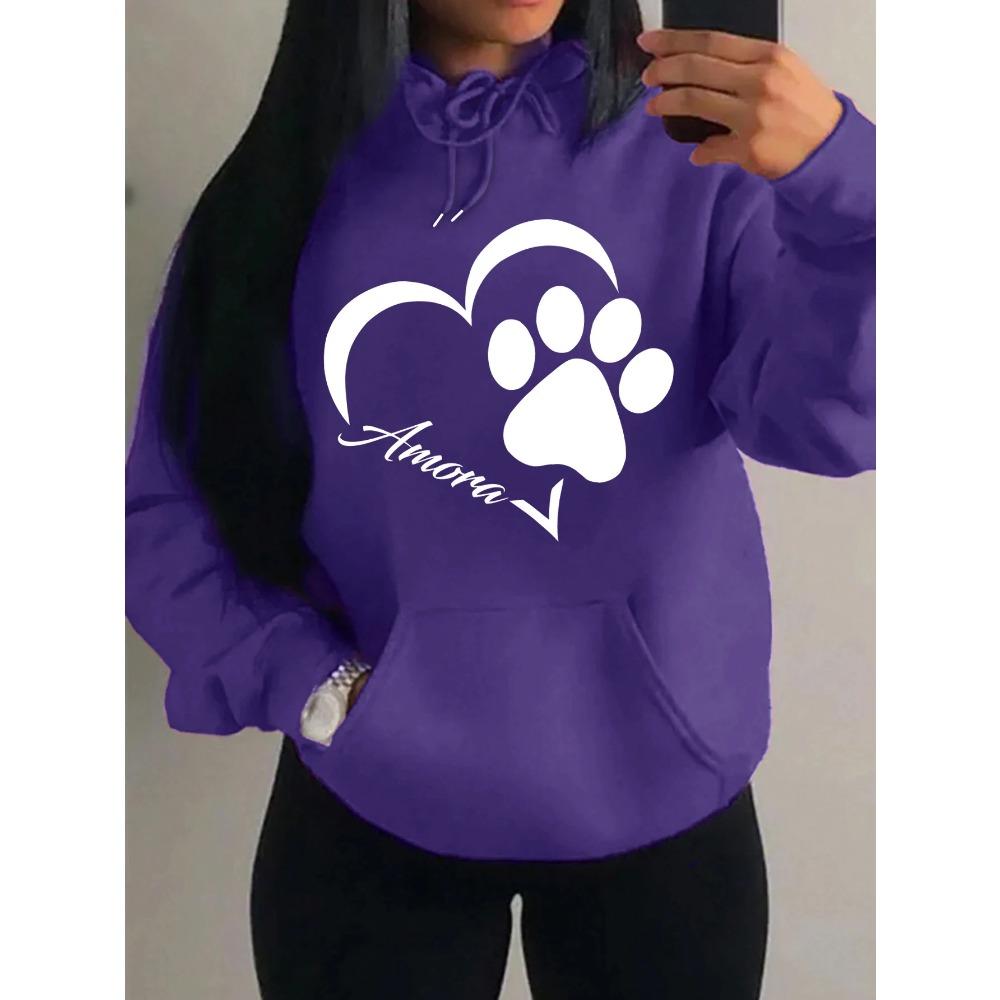 Love And Little Cat Foot Creative Print Women Hoody Fashion Autumn Sweatshirt Pocket Hoodie Sport Style Comfortable