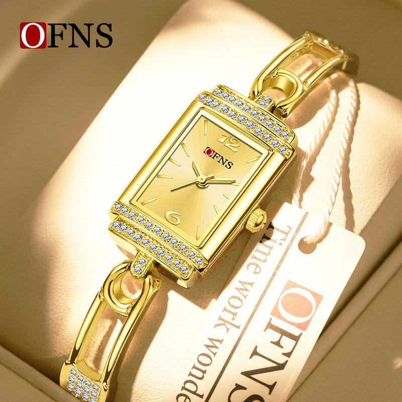 OFNS Women's Luxury Square Leather Strap Watch - Waterproof Quartz with Diamond Detailing
