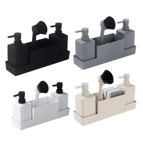 Multifunktionales Badezimmer-Organizer-Tablett mit 2 Seifenspendern, Reinigungsbürste, Küchenarbeitsplatte, Spülmittelflaschen-Schwammhalter-Ständer