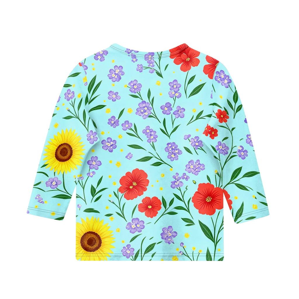 Girls Floral Print Crew Neck Three Quarter Sleeve Casual T Shirt Lightweight Soft Fabric Comfortable Fit Everyday Wear
