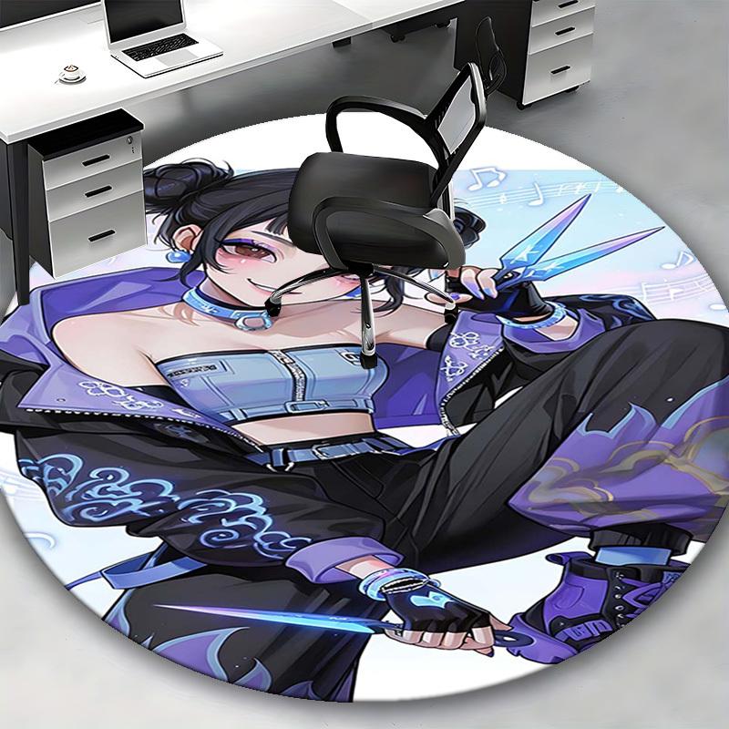 1pc Anime Design Round Carpet - Office Chair Mat with Cool Girl Holding Scissors and Music Notes, Suitable for Home Decor