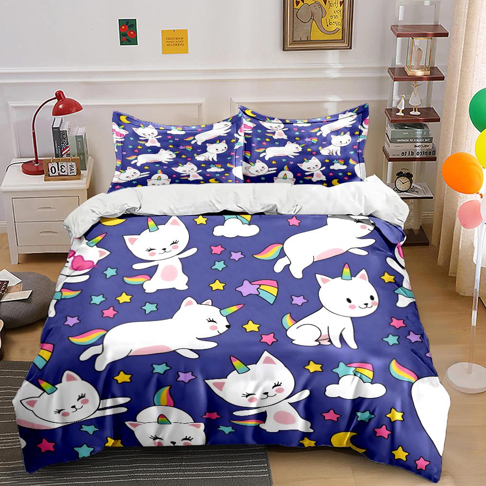 Unicorn cats and stars pattern Print Bedding Set 1 Duvet Cover 2 Pillowcases for Adult and Children Luxury Gift Full Size