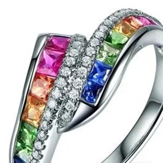 Yousheng Women Ring Shiny Rhinestone Inlaid Sparkling Geometric Electroplating Decoration Gift Rainbow Colored Faux Gemstone Party Ring Jewelry for