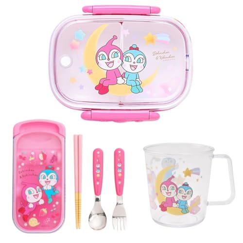 [3-Piece Set] Anpanman Museum Limited Lunch Set: Lockable Bento Box, Trio Set (Chopsticks, Spoon, Fork), and Clear Cup - Dokin-chan & Kokin-chan