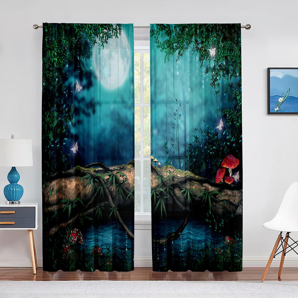 Fantazyjny Czarodziejski Zielony Las Przezroczysty Woalowy Zasłona Grzybowo-Kwiatowy Tiulowe Zasłony Okienne do Dekoracji Salonu Sypialni Kuchni