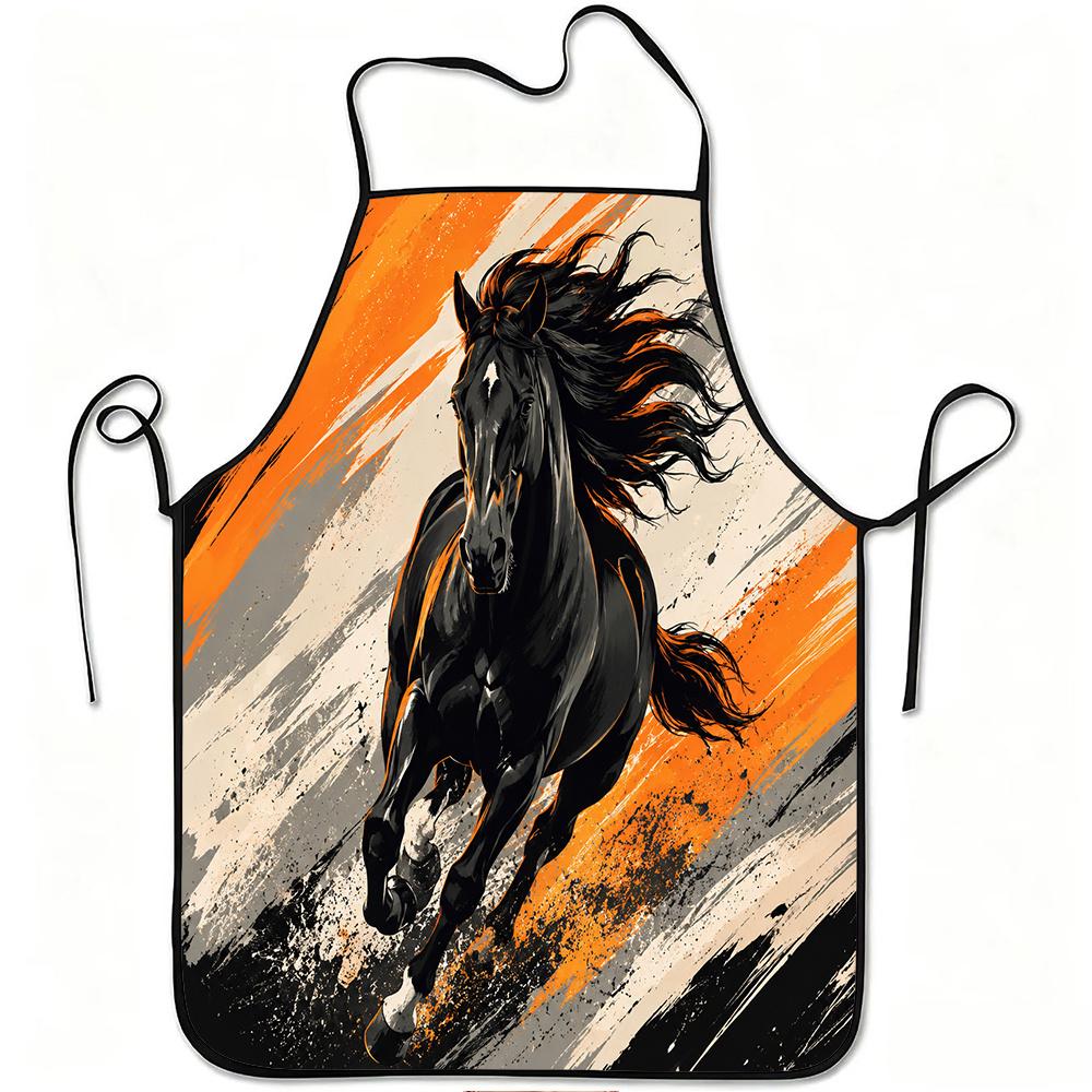 1pc Dynamic Black Horse Art Print Apron, Durable And Easy To Clean, Adjustable Waistband, Polyester Material, for Kitchen Cooking, Gardening, Orchard