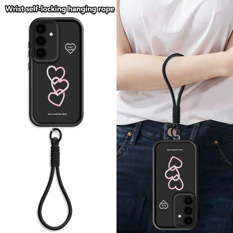 Wrist Lanyard Phone Case For Samsung Galaxy S26 S24 S25 Ultra S23 S25 FE A57 A17 A56 A16 A55 A54 A15 A25 Love Heart Print Cover